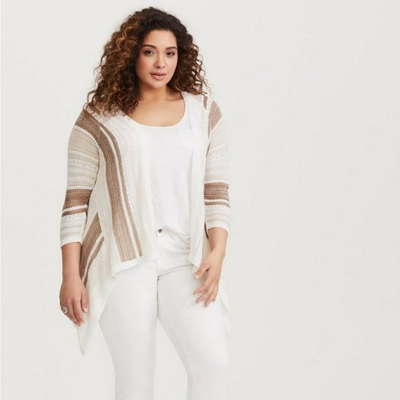 420 TORRID IVORY & TAUPE POINTELLE KNIT CARDIGAN SWEATER - Picture 1 of 1